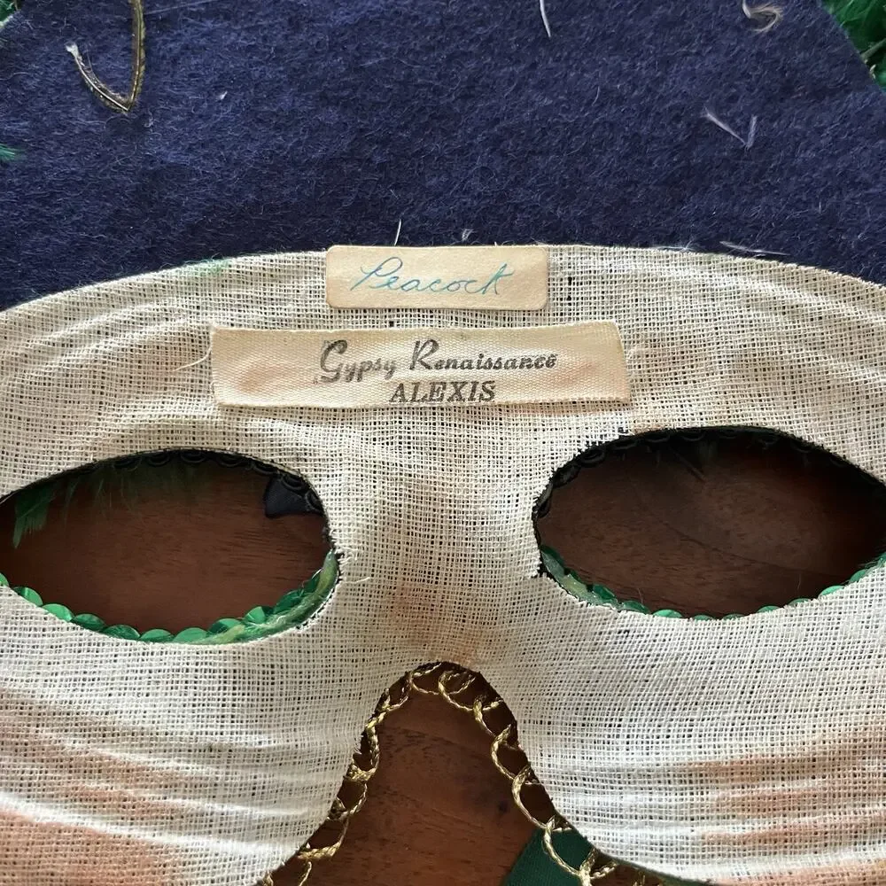 Vintage Gypsy Renaissance Handcrafted Peacock Feather Mask Alexis Green/Blue